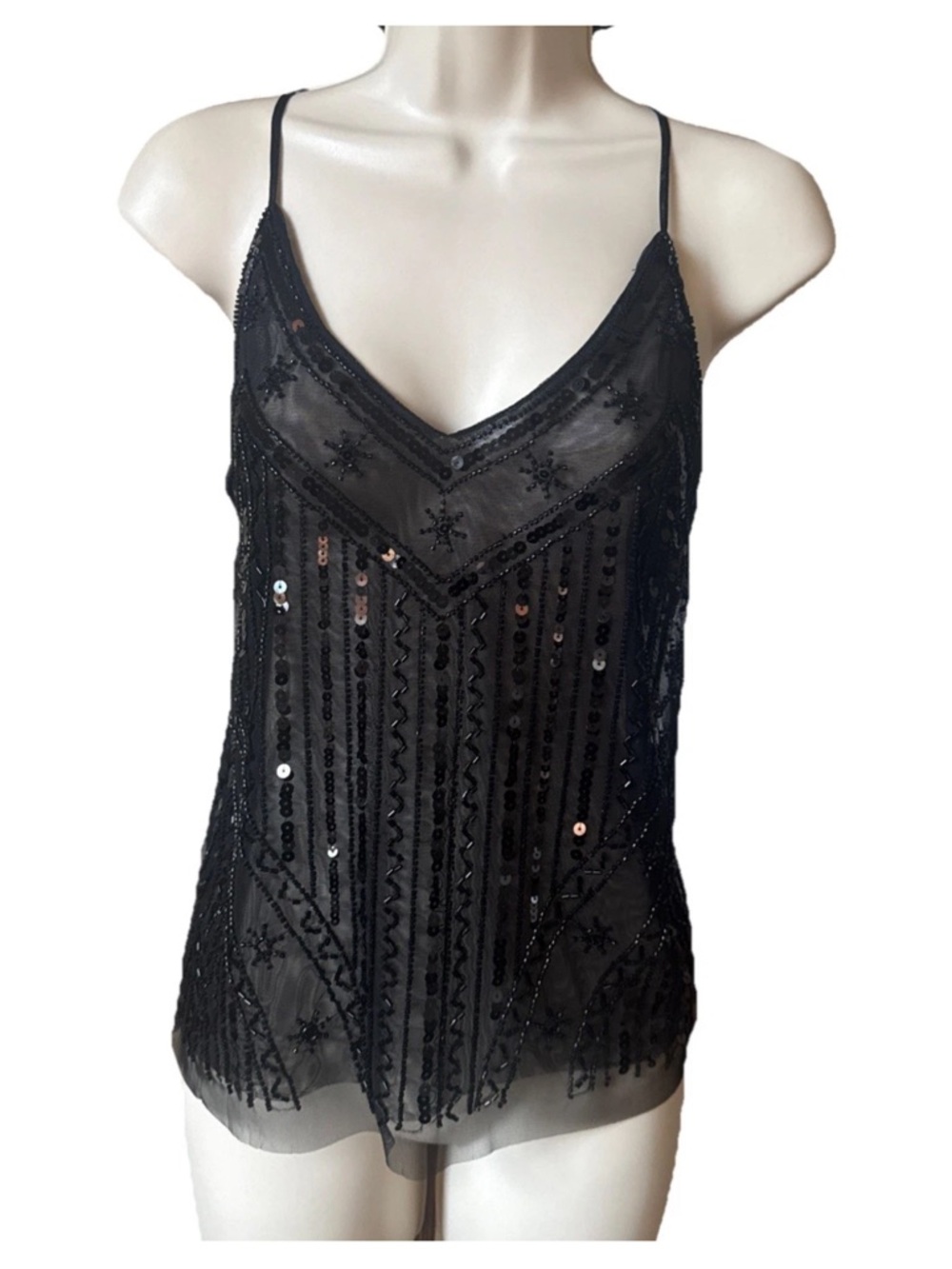 Black Beaded Sequin Camisole Top - Women's Elegant Layer
